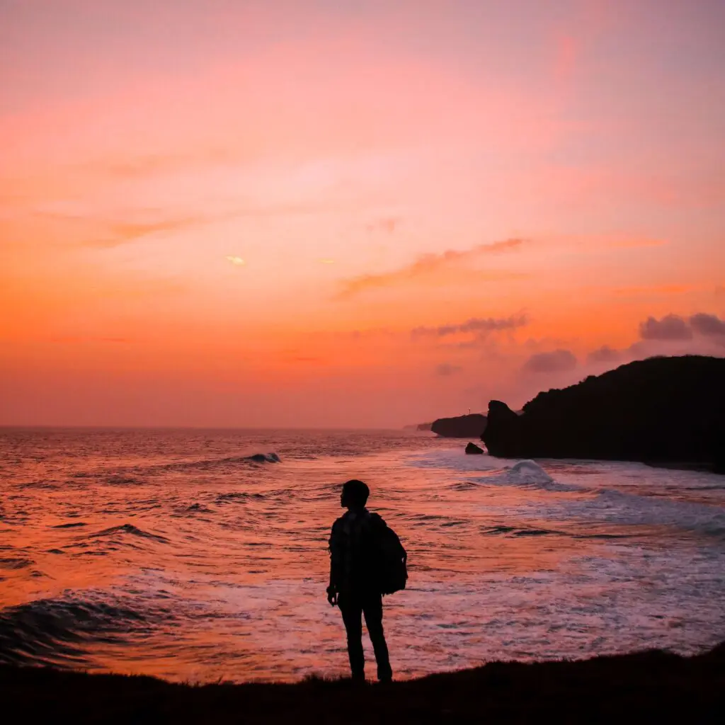 silhouette-photo-of-man-with-backpack-standing-in-seashore