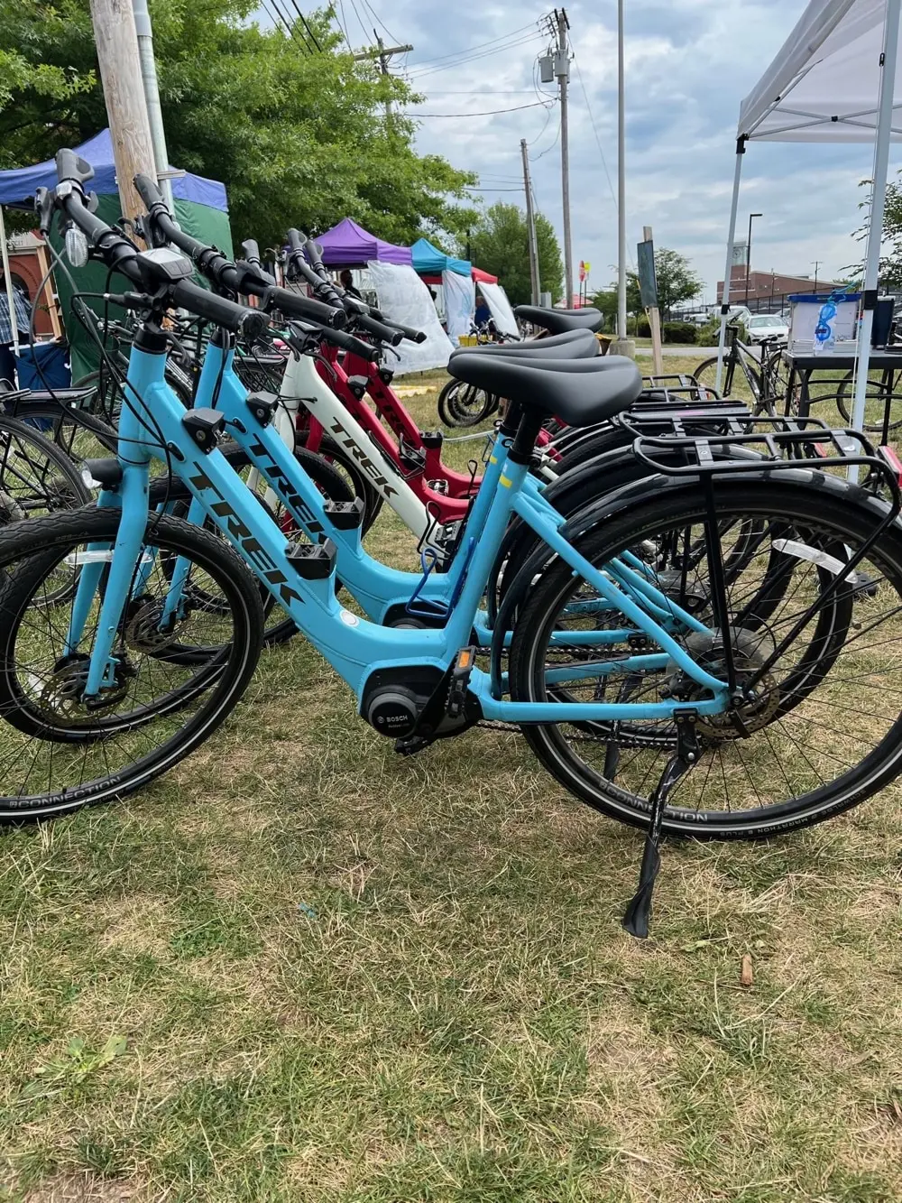 Several blue and red electric bikes are lined up on grass at an outdoor event with tents, trees, and power lines visible in the background on a cloudy day.